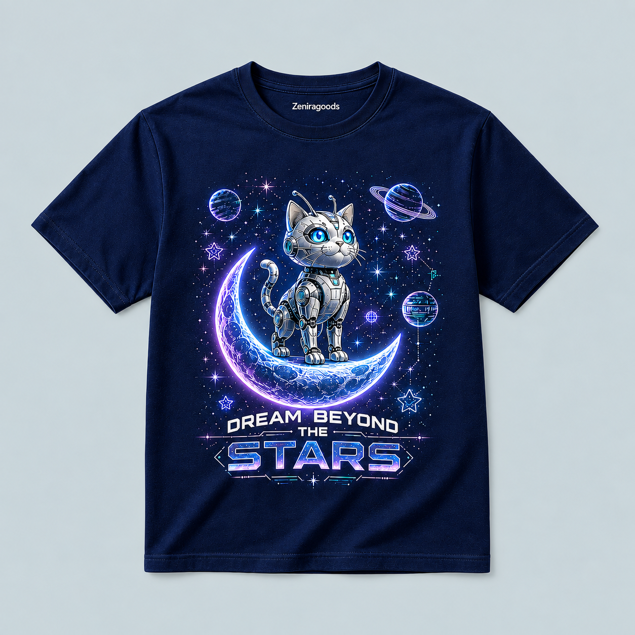 Navy celestial cat dreams graphic t-shirt