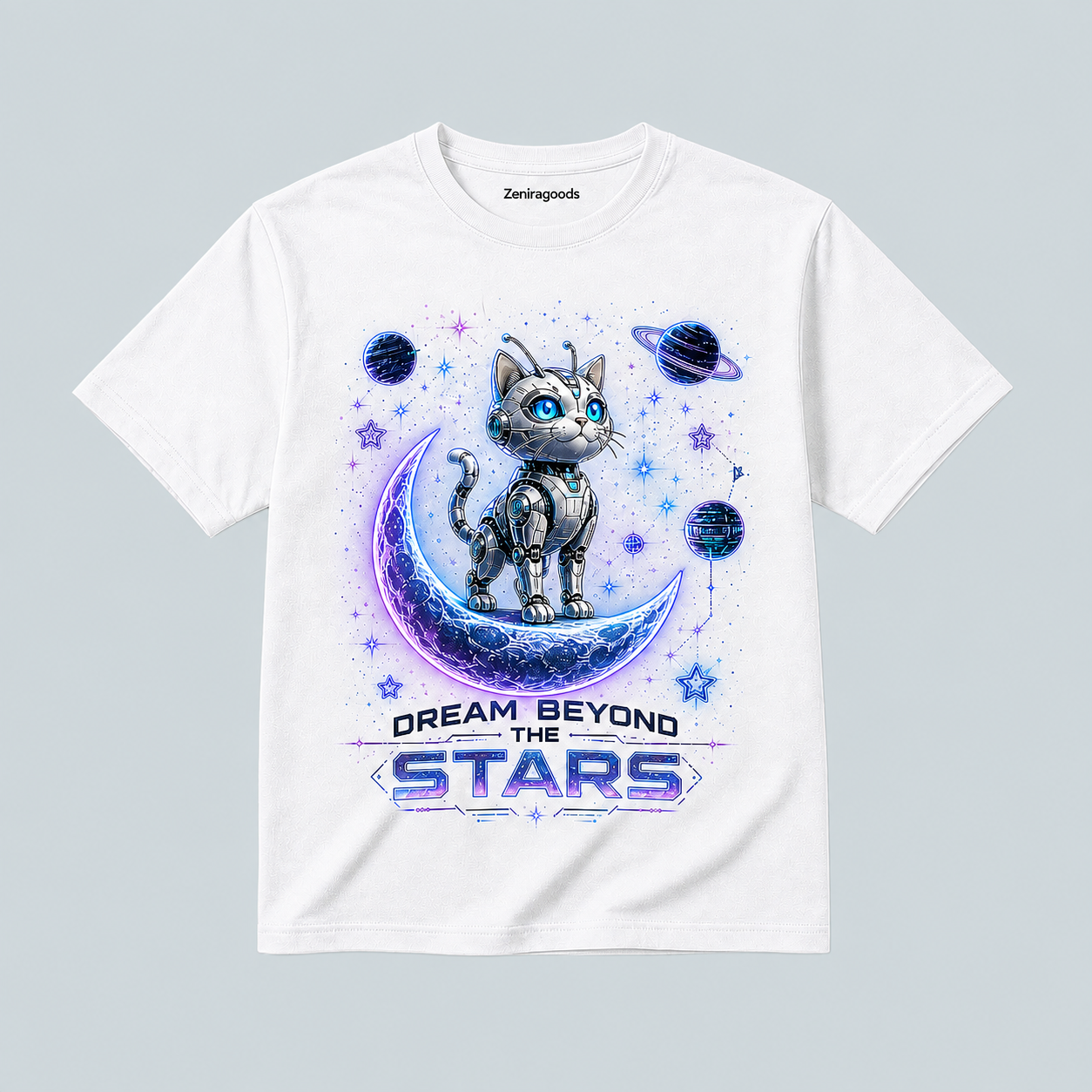 White celestial cat dreams graphic t-shirt