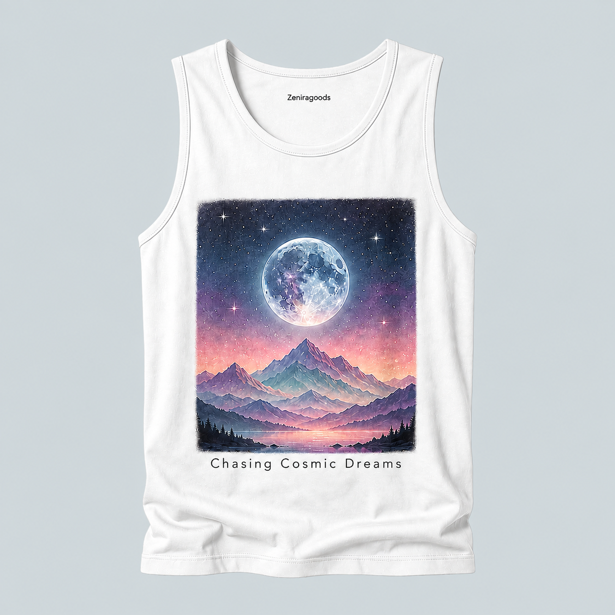 White cosmic dreams moon graphic tank top