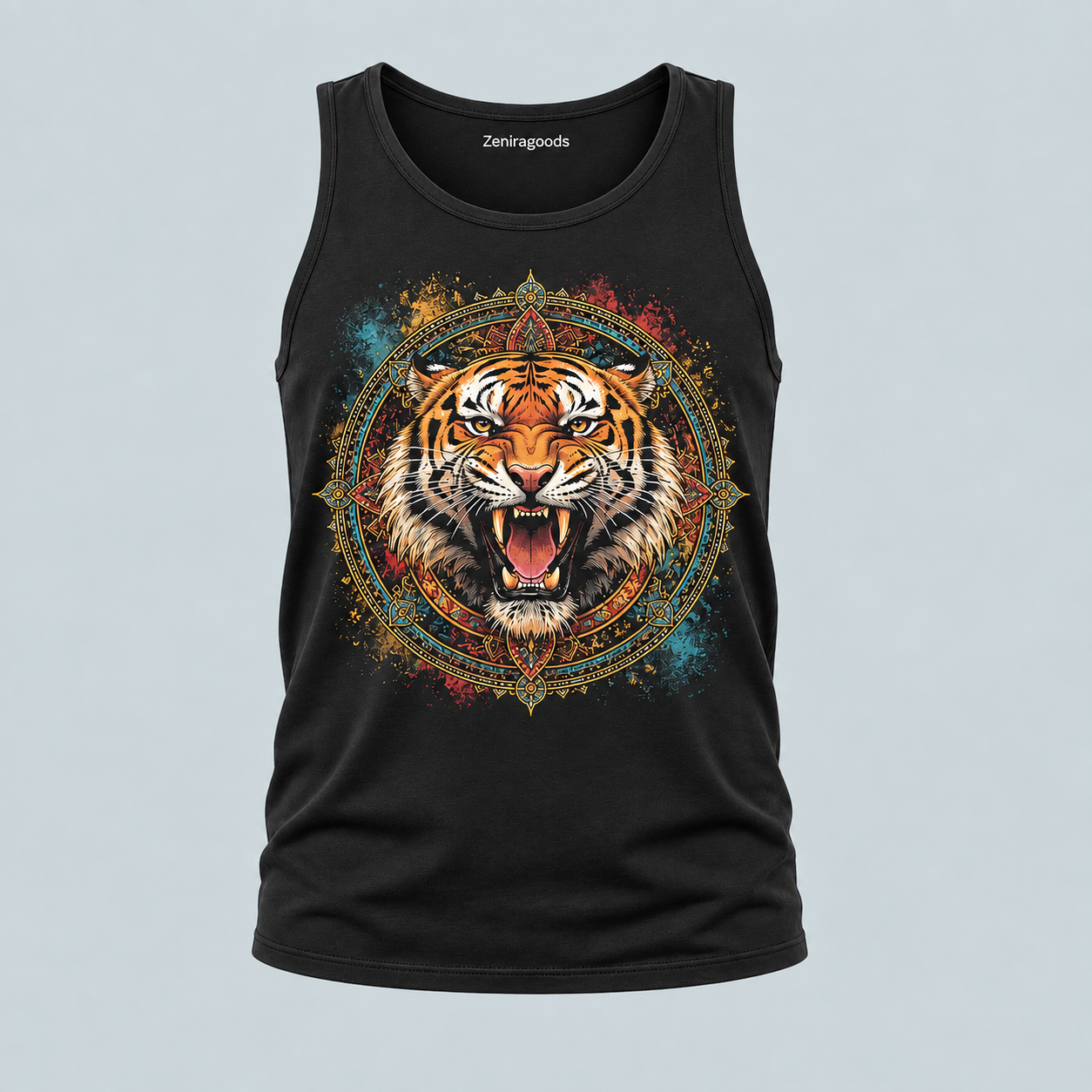 Black Fierce Mandala Tiger graphic tank top
