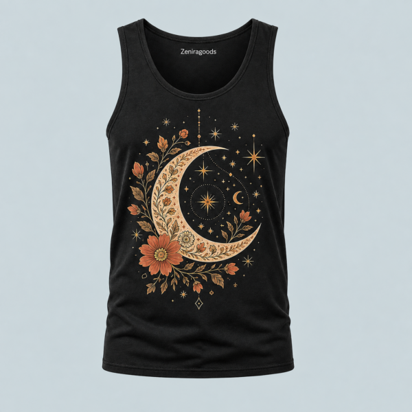 Black floral crescent moon graphic tank top