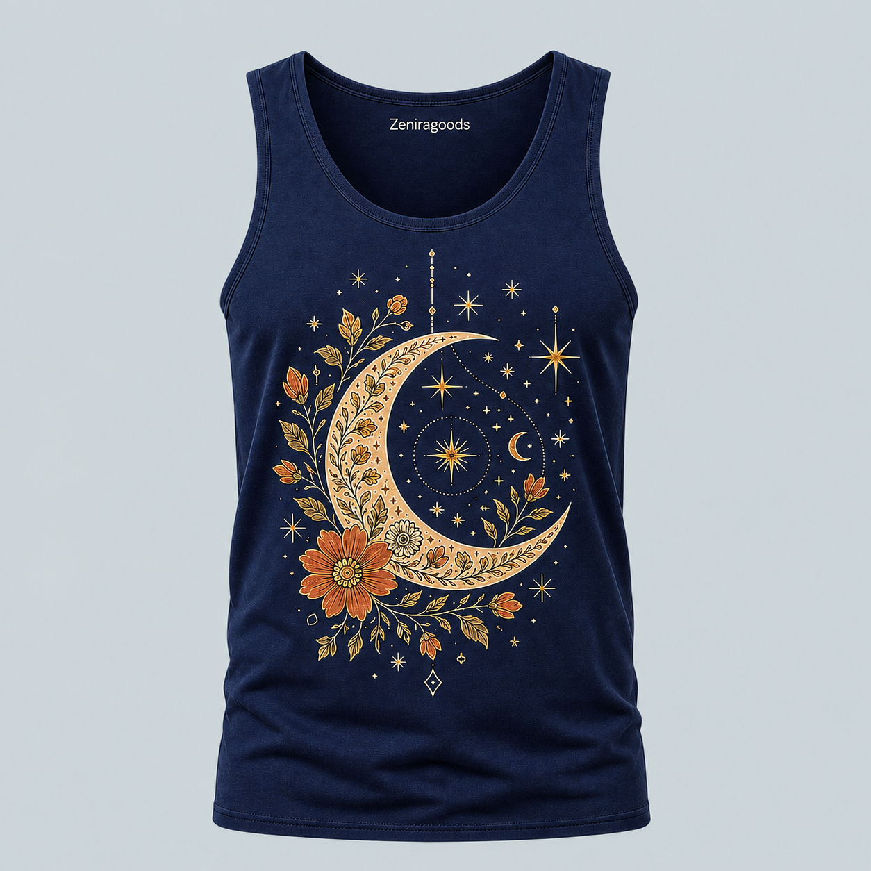 Navy floral crescent moon graphic tank top