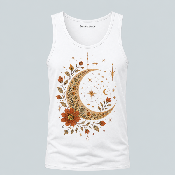 White floral crescent moon graphic tank top