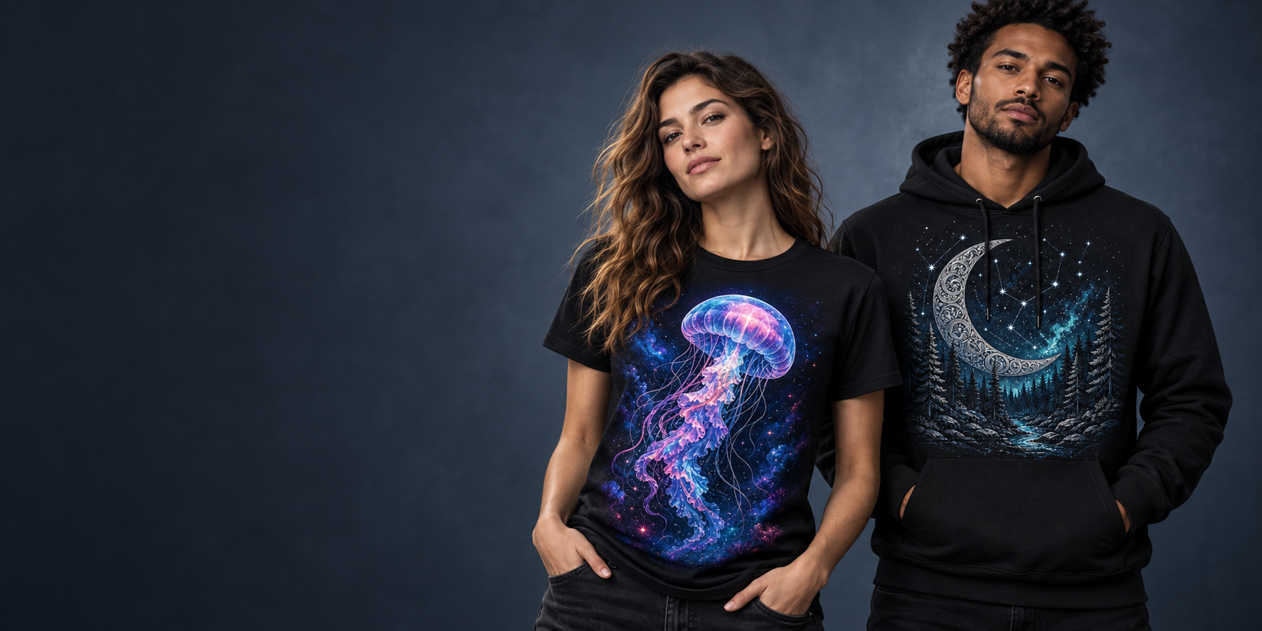 AI-generated styling illustration of models wearing the Cosmic Drift Jellyfish T-shirt and Mystic Moon Forest hoodie
