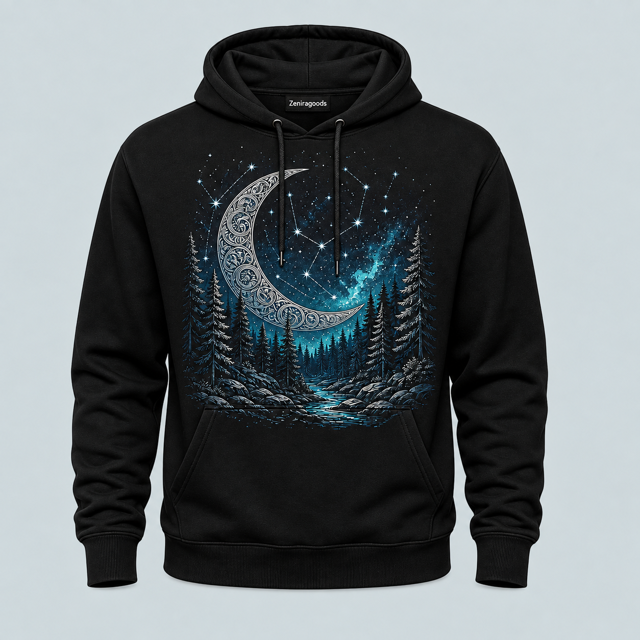 Black mystic moon forest graphic hoodie