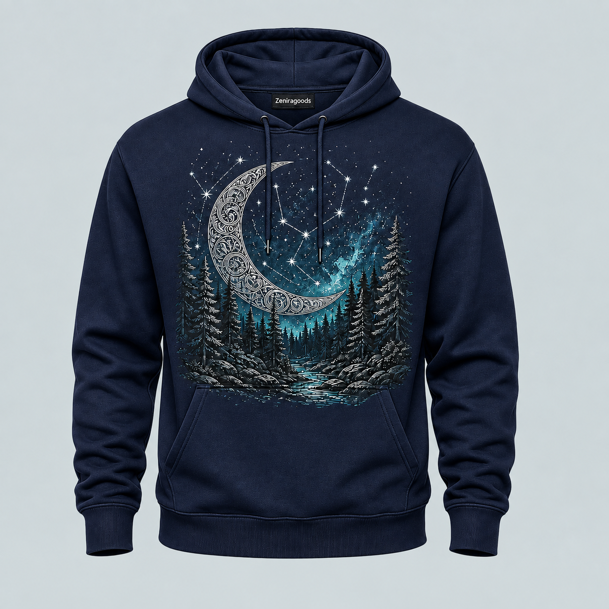 Navy Mystic Moon Forest graphic hoodie