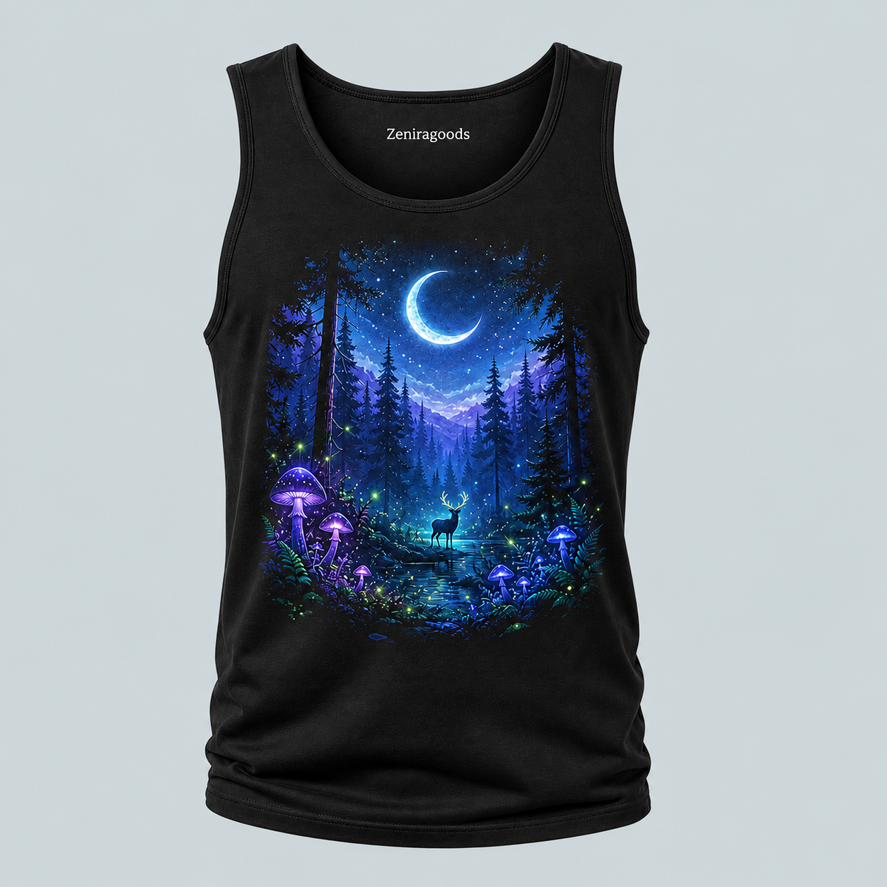 Black mystic moon forest graphic tank top
