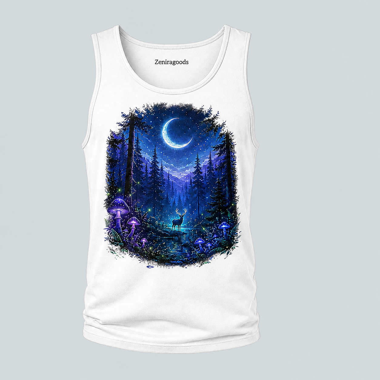White mystic moon forest graphic tank top