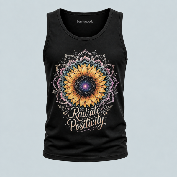 Black radiate positivity sunflower graphic tank top