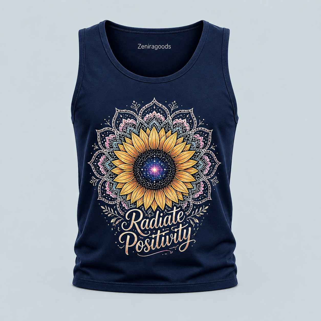Navy radiate positivity sunflower graphic tank top
