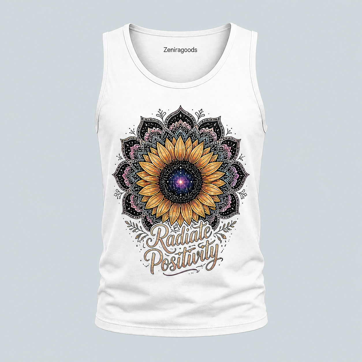 White radiate positivity sunflower graphic tank top
