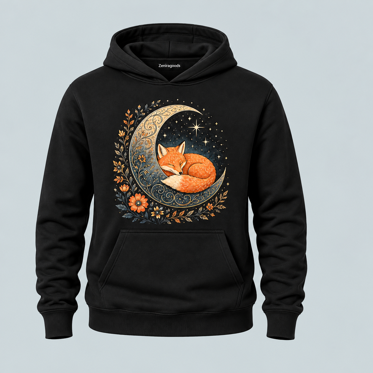 Black Sleeping Fox Moon graphic hoodie