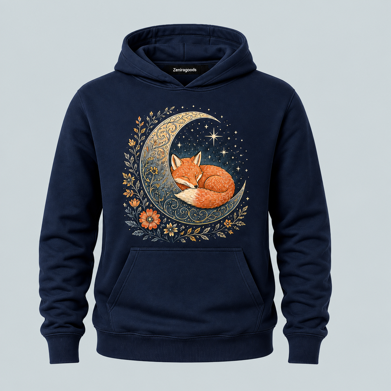 Navy sleeping fox moon graphic hoodie